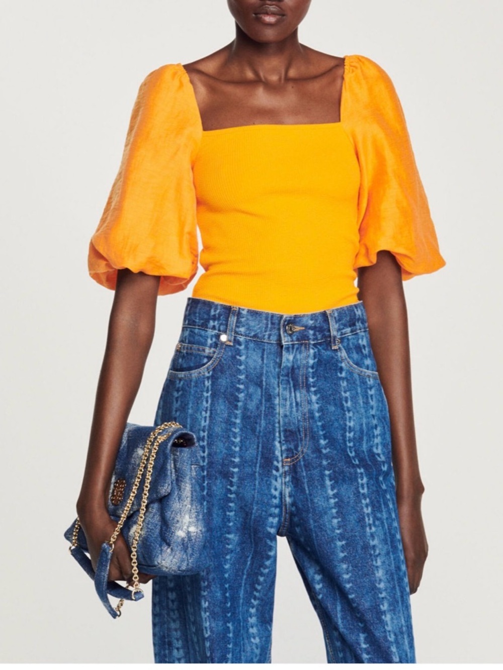 Sandro French luxury brand deep yellow Puff-Sleeve Square Neck Top tie back